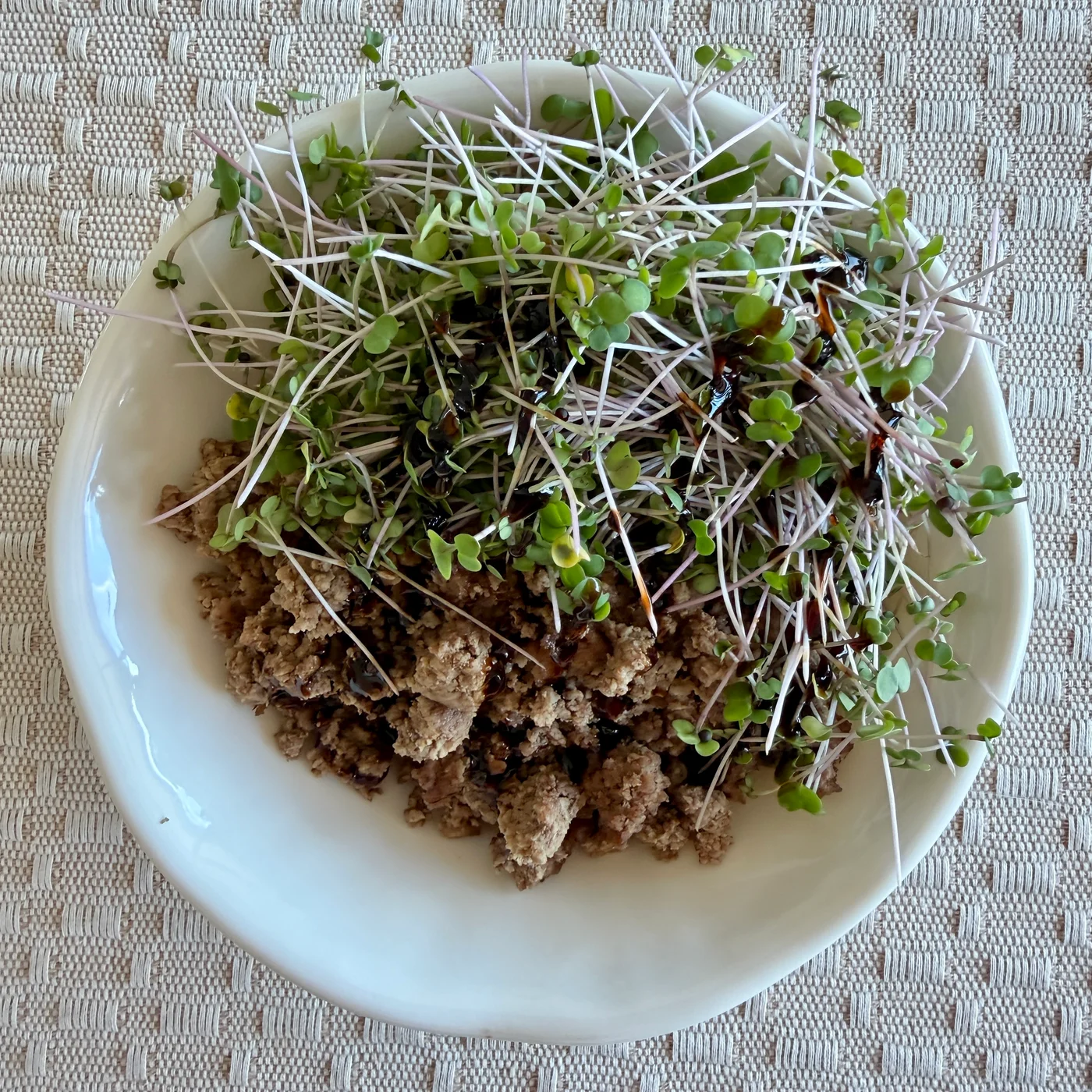 A savory bowl finished with a generous handful of fresh microgreens and a drizzle of sauce